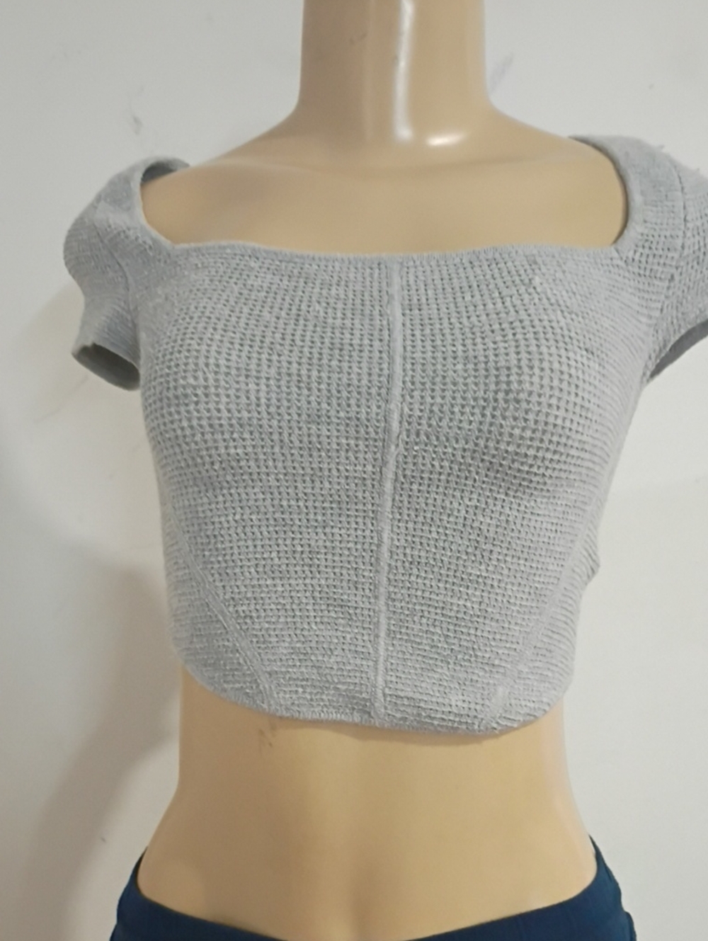 American Eagle Outfitters Gray Square-Neck Waffle Knit Crop Top